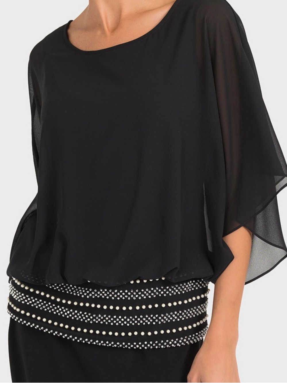 Joseph Ribkoff Black Sheer Flutter Sleeve Blouse Stretch Tank Beaded Waist Sz 10